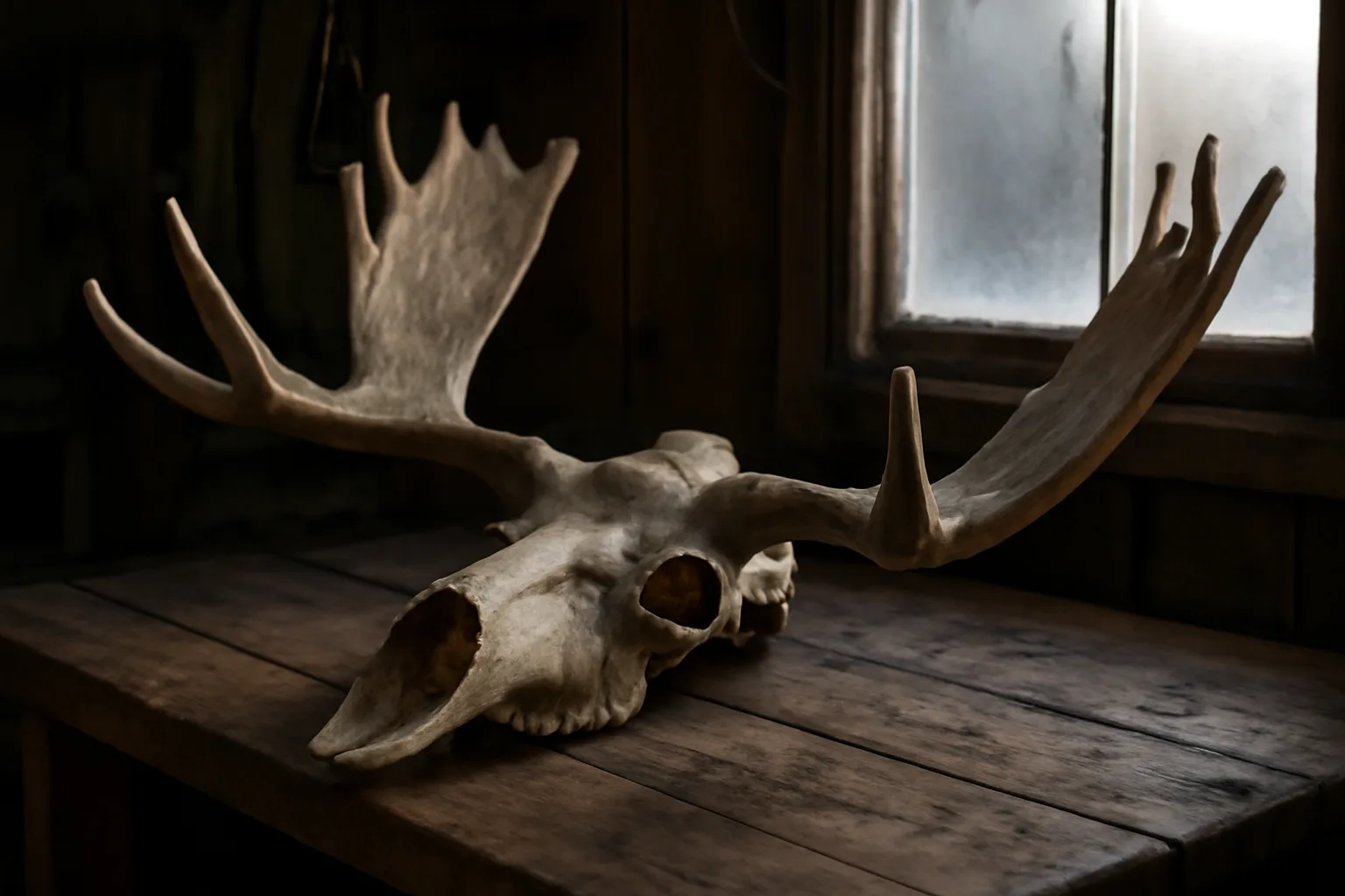 Moose skull with antlers on a weathered wooden workbench in an Alaska workshop
