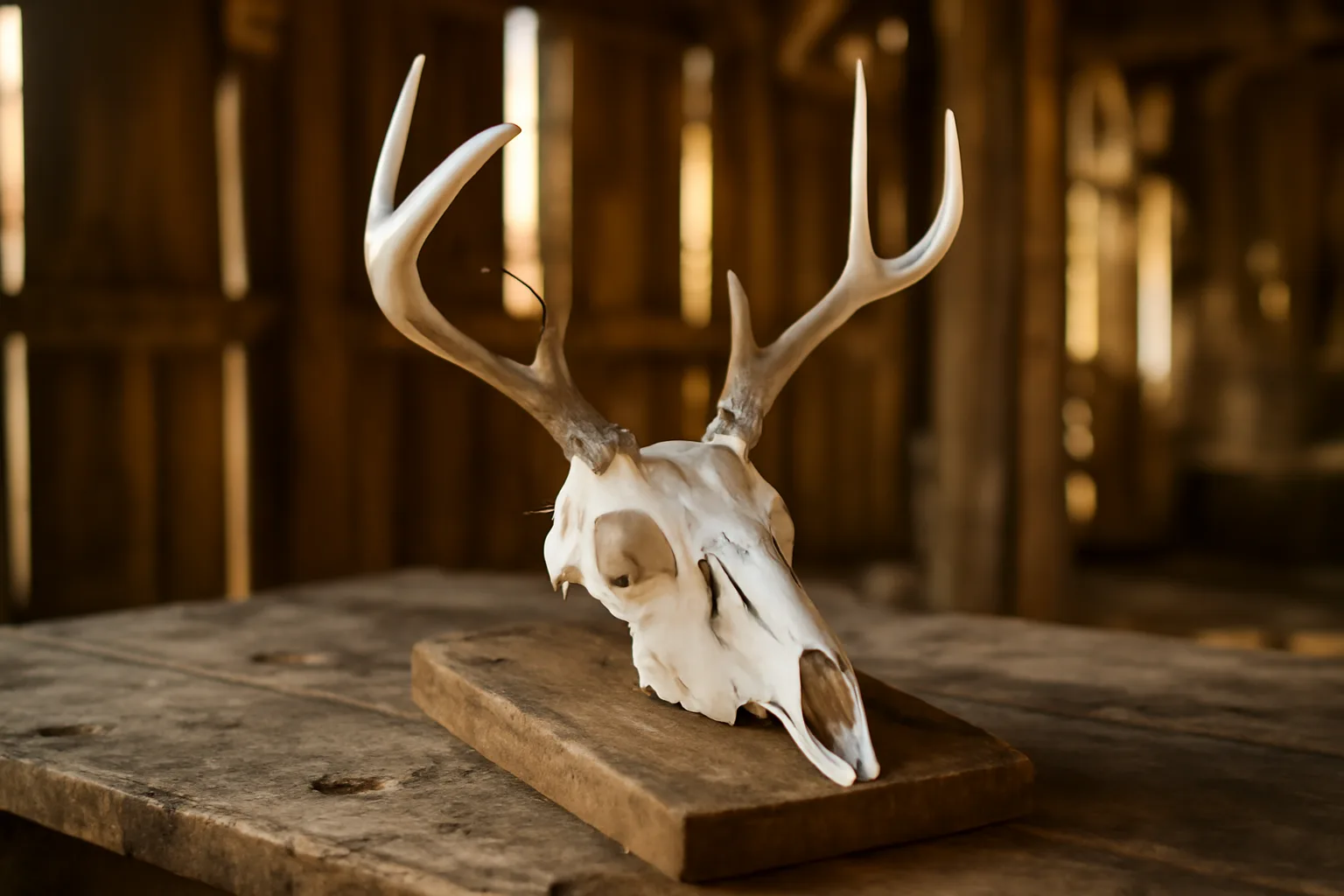 Clean white-tailed deer skull on a wooden workbench inside a sunlit Alabama barn