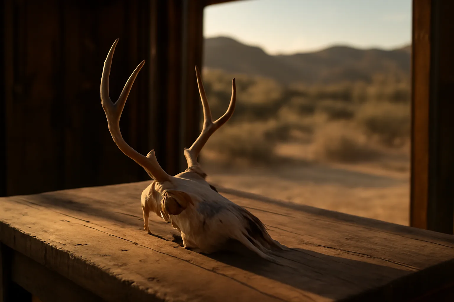 Cleaned mule deer skull on a workbench in rural Arizona