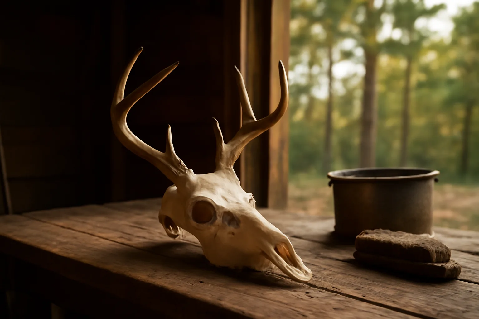 European mount deer skull on a workbench in Arkansas