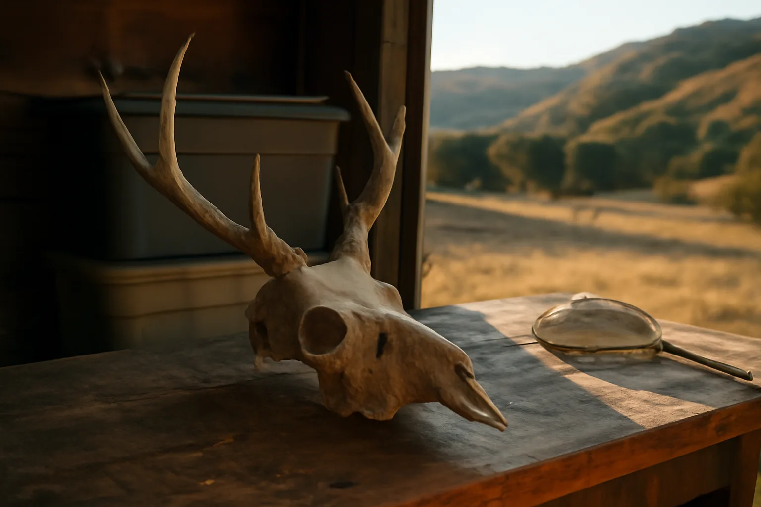 Cleaned deer skull european mount on a sunlit California workbench