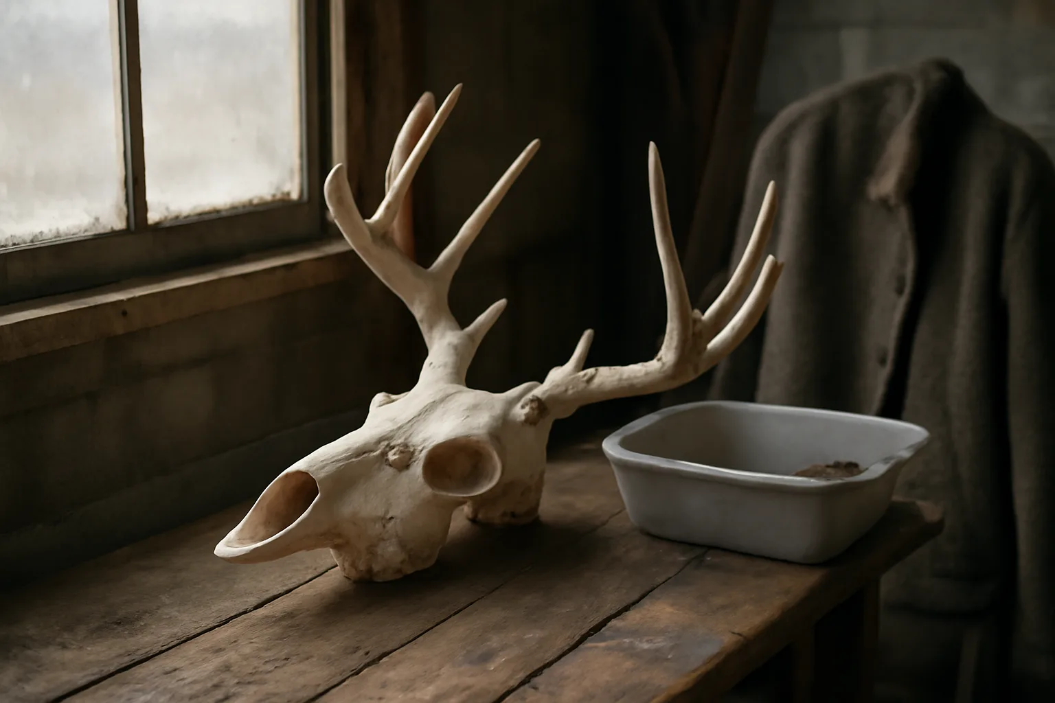 European mount elk skull on a bench in a Colorado garage