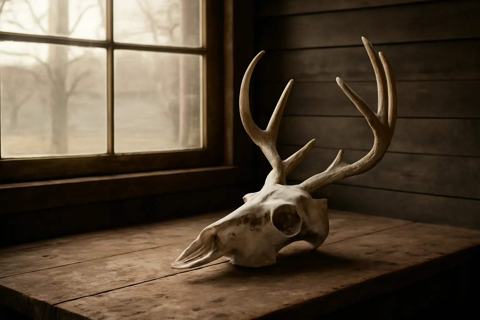 Cleaned deer skull on a workbench for a connecticut european mount