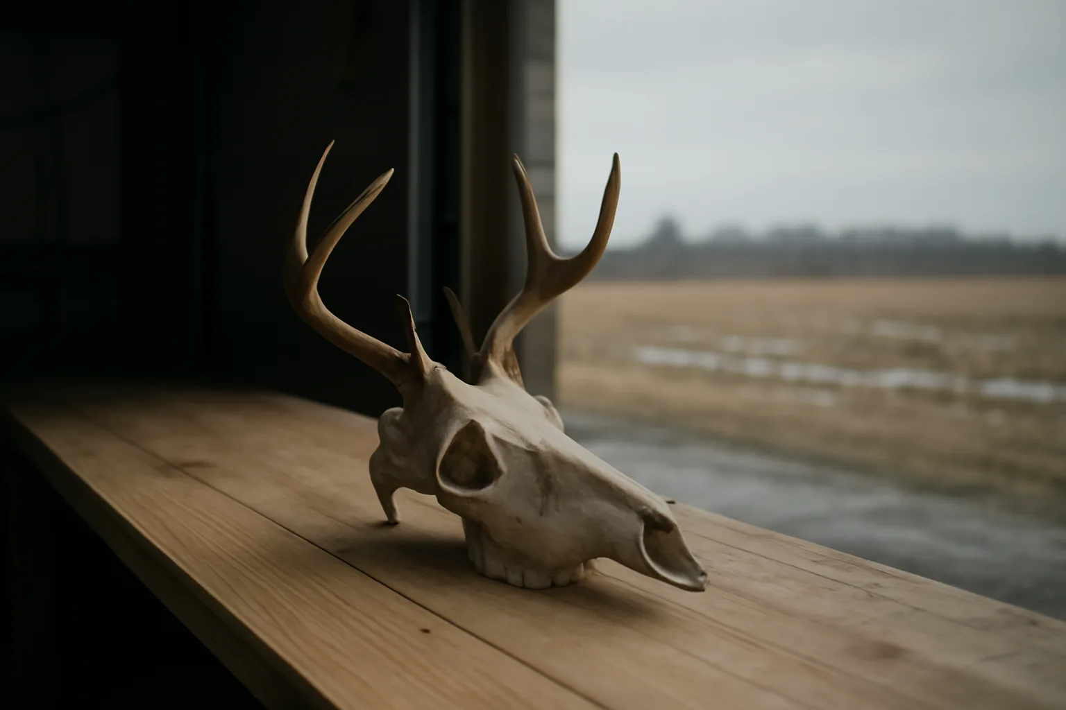 White-tailed deer skull on a pine bench in a Delaware garage