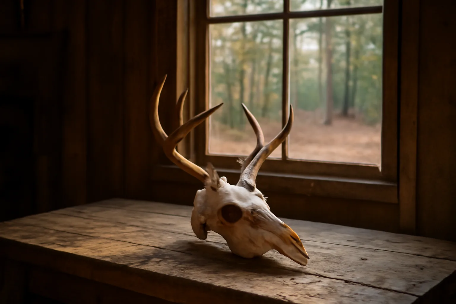 Whitened white-tailed deer skull on a wooden bench in a Georgia workshop