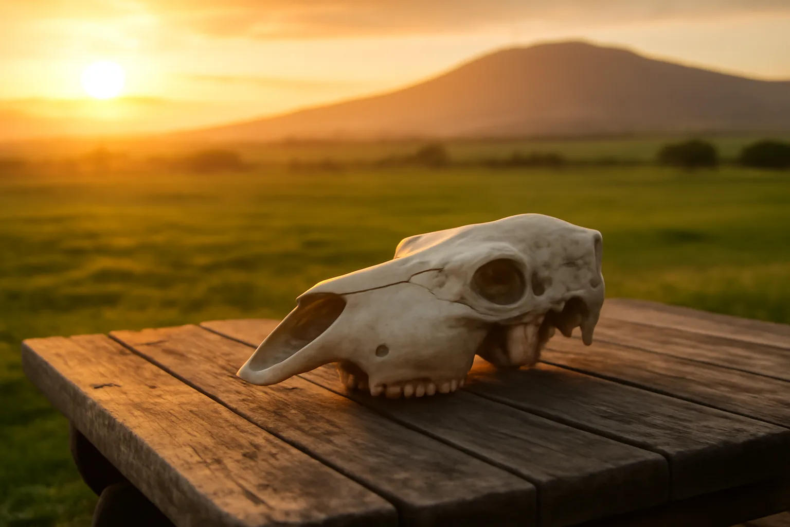 European mount skull on a wooden table in upcountry Maui