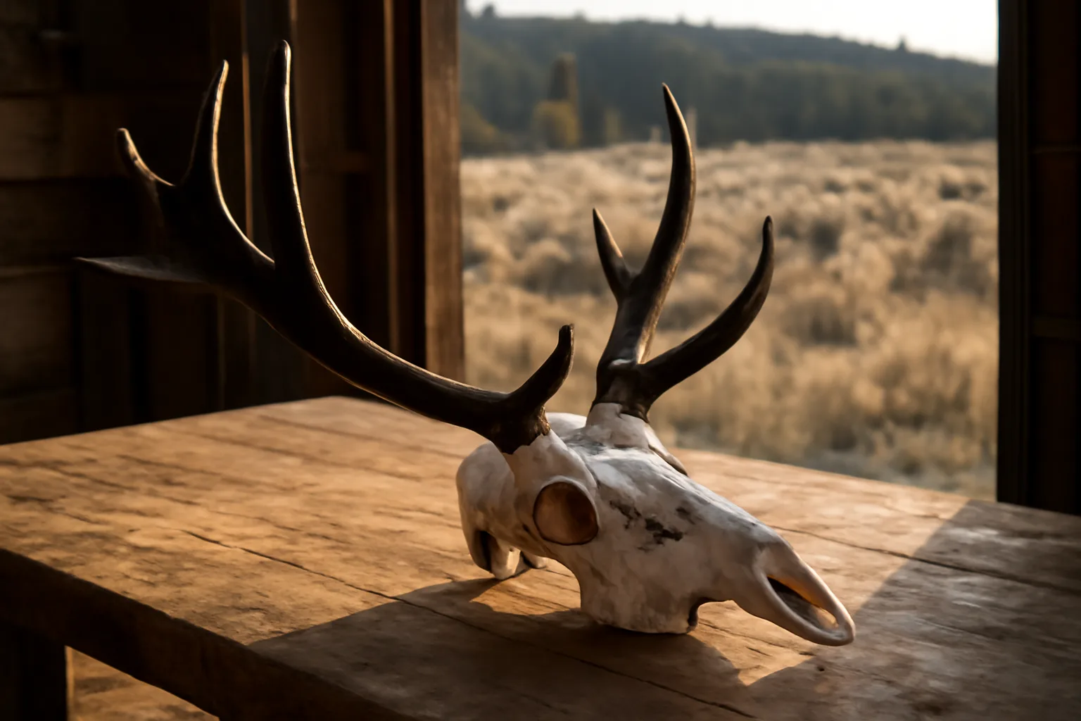 Elk european mount skull on a workbench in rural Idaho