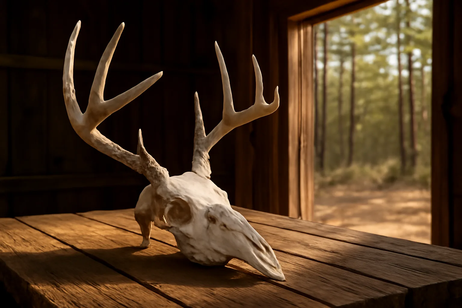 Whitened deer skull on oak boards in Alabama taxidermy workshop with forest background