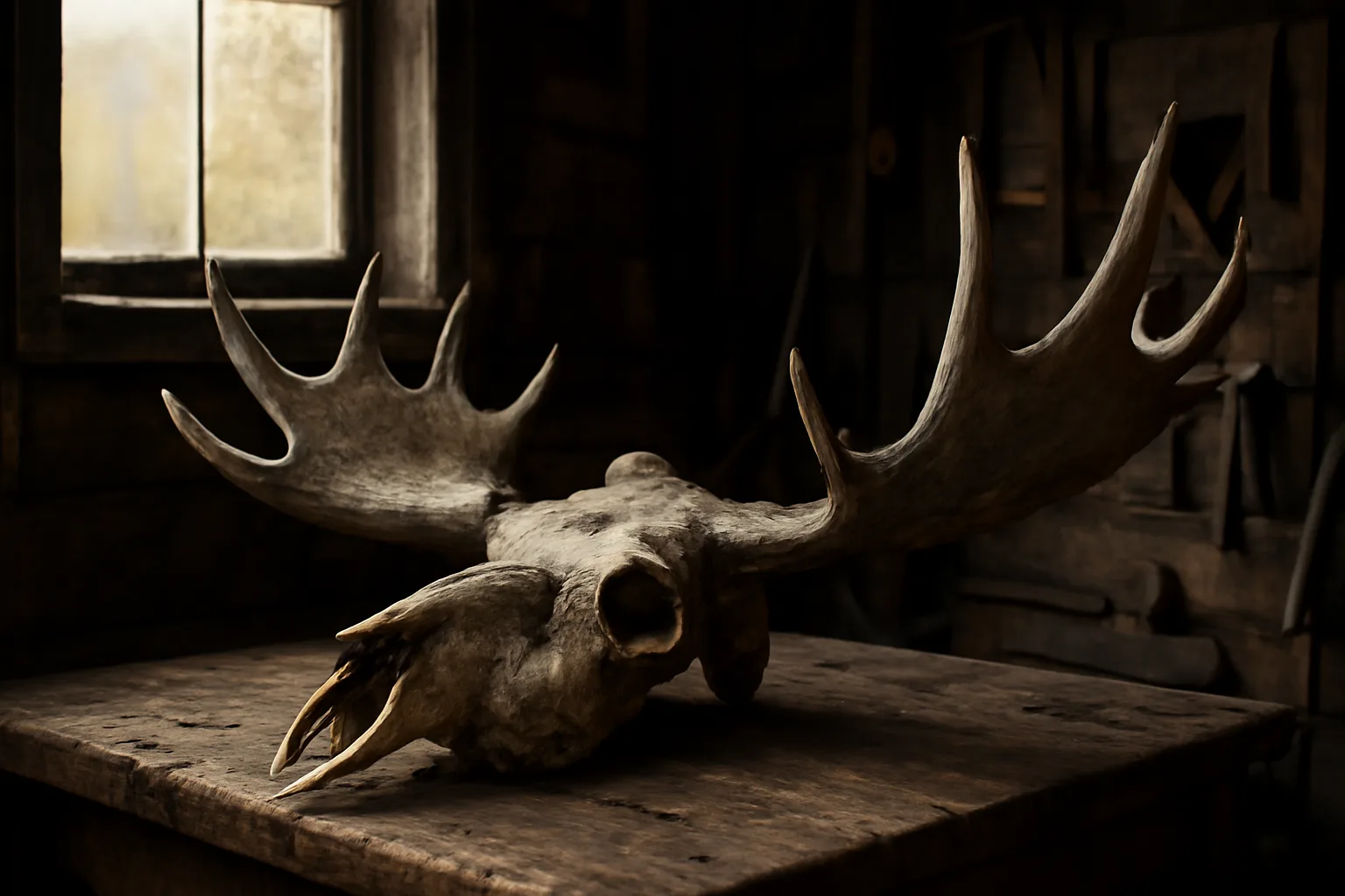 Cleaned moose skull with antlers on a wooden workbench in an Alaska workshop