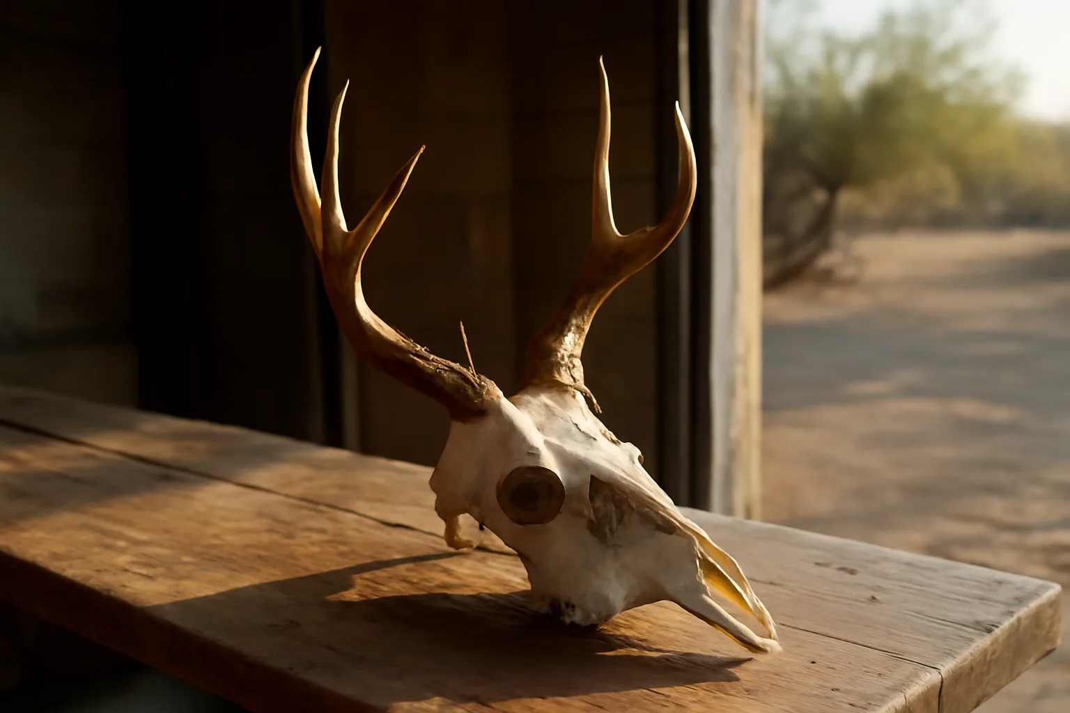 Cleaned mule deer skull on a Tucson workbench in morning light