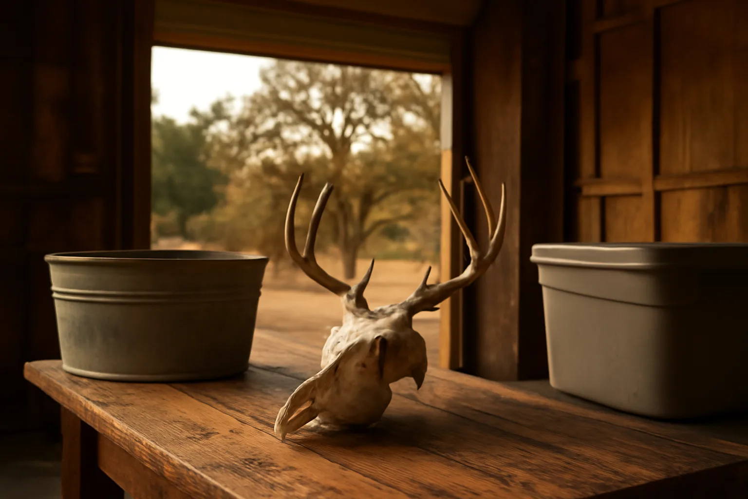 Whitened deer skull on a bench in a California garage