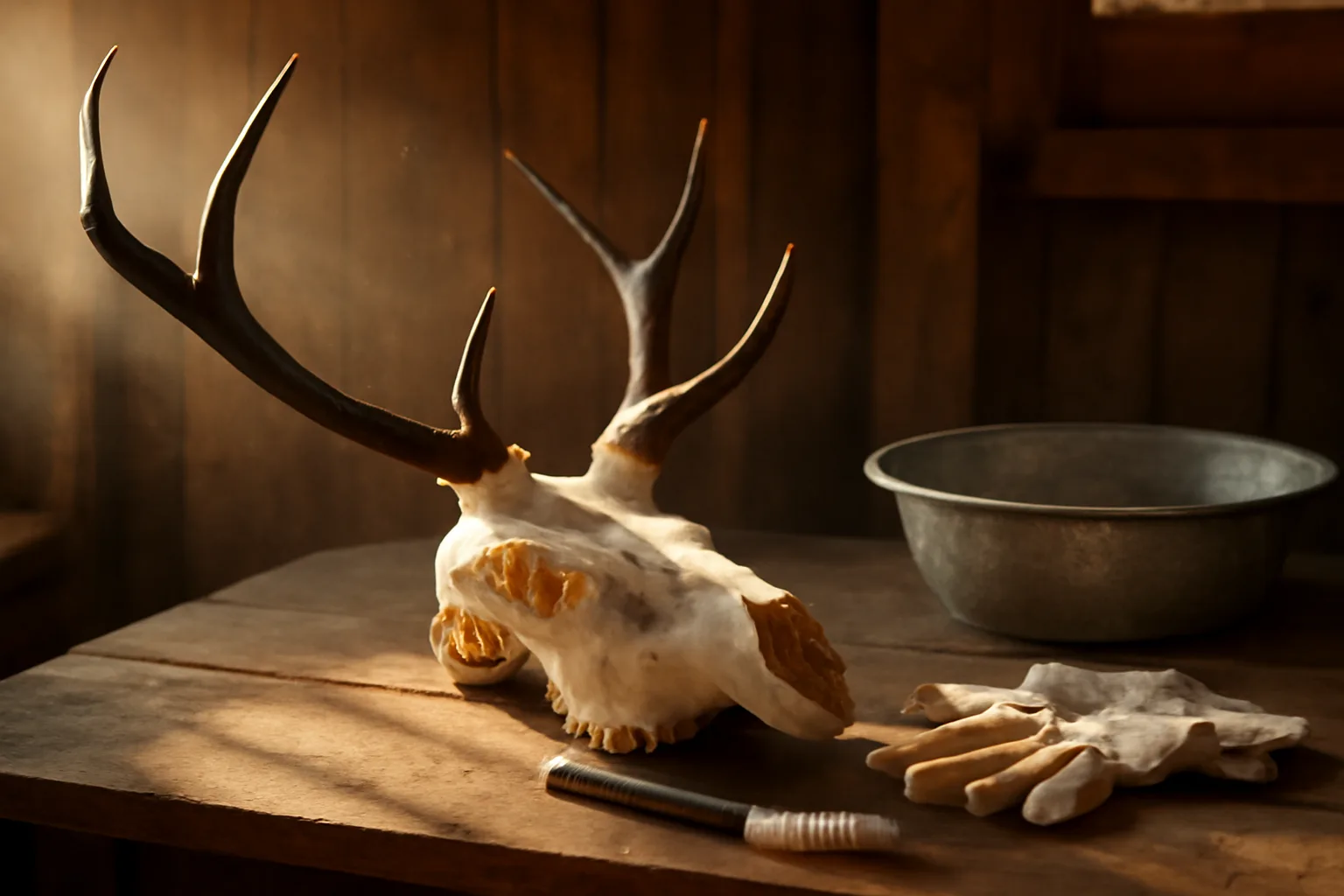 Elk European mount skull on a workbench in rural Colorado