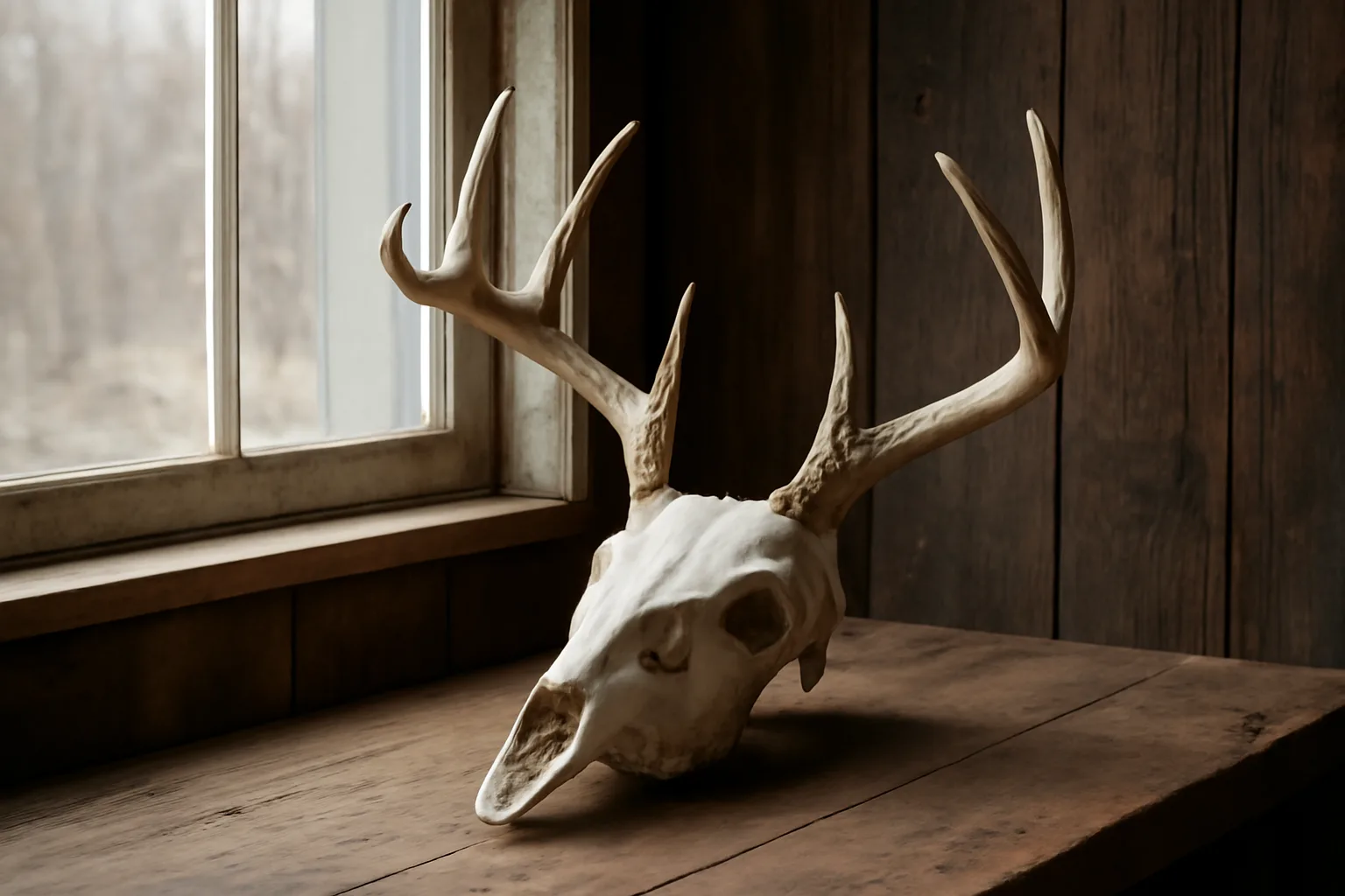 Whitened deer skull on a workbench for a Connecticut european mount