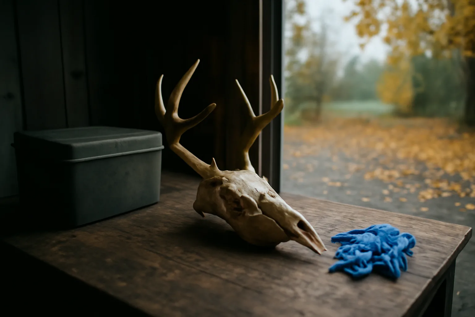 European mount deer skull on a workbench in a Delaware garage