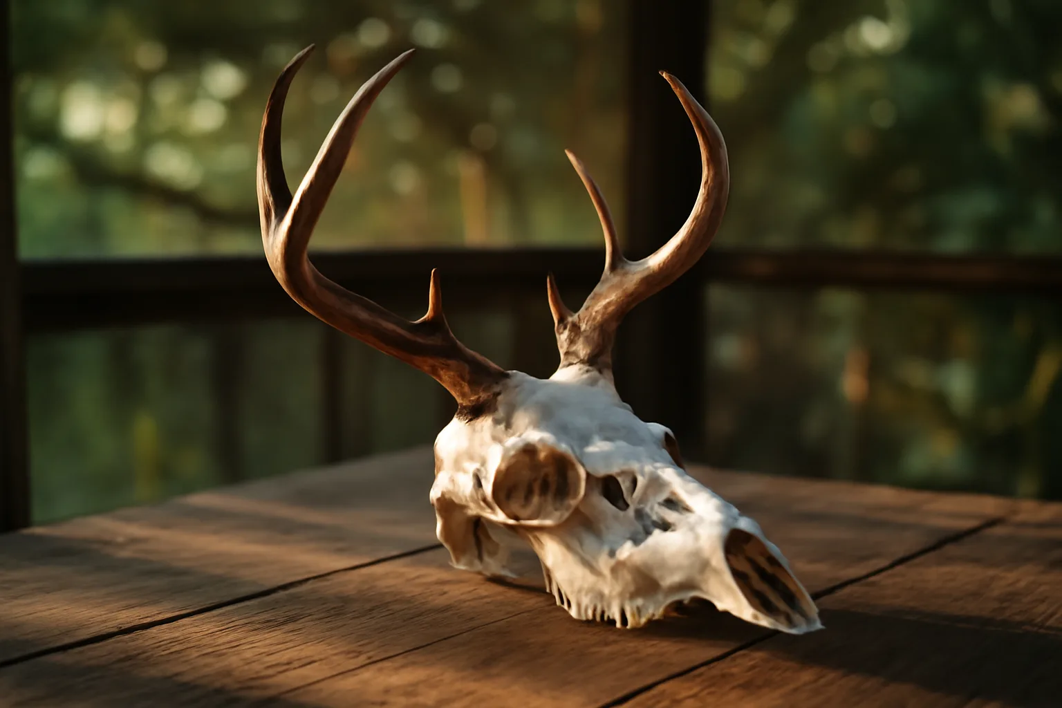 Whitened deer skull for a european mount on a Florida porch