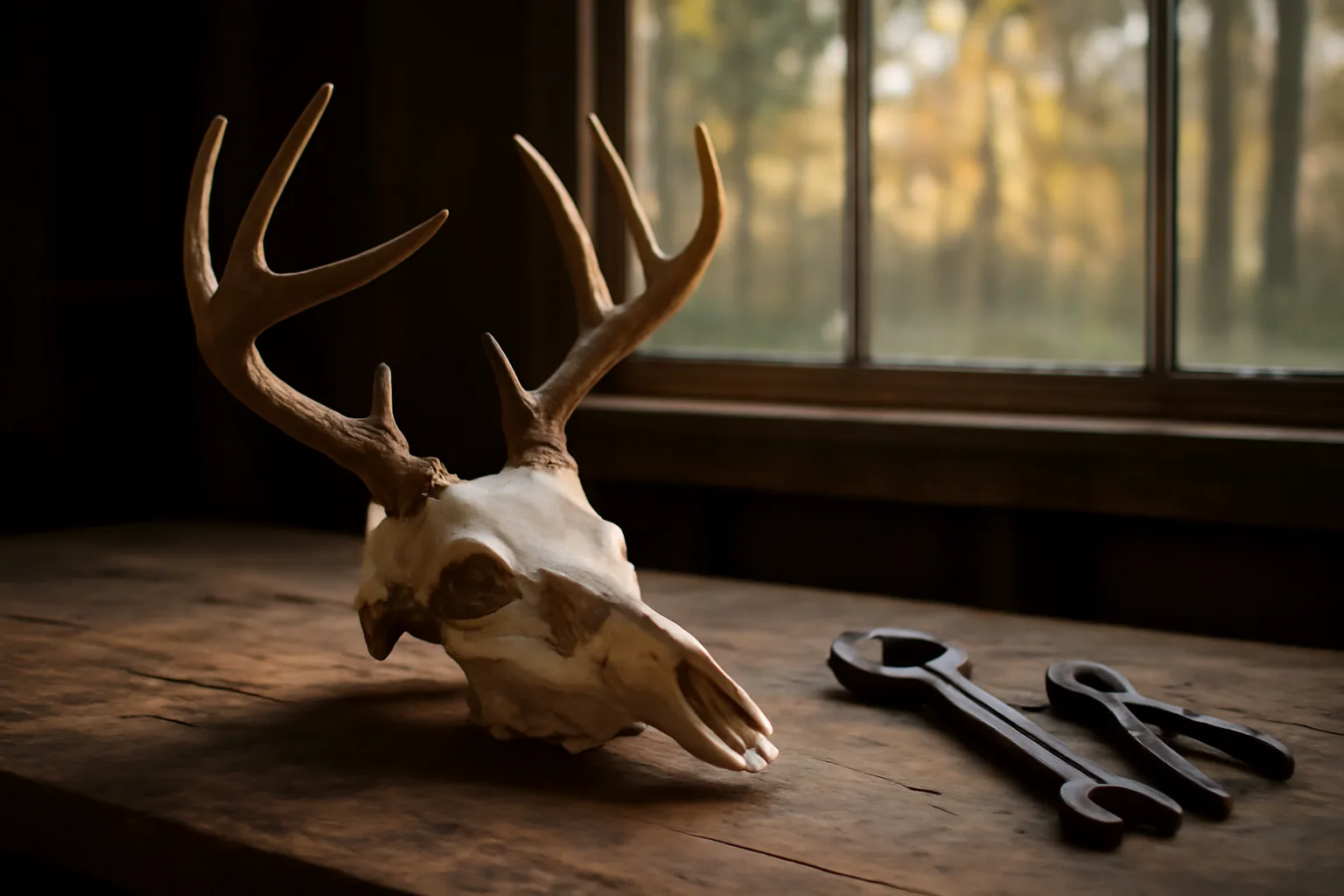 White-tailed deer european mount on a Georgia garage workbench