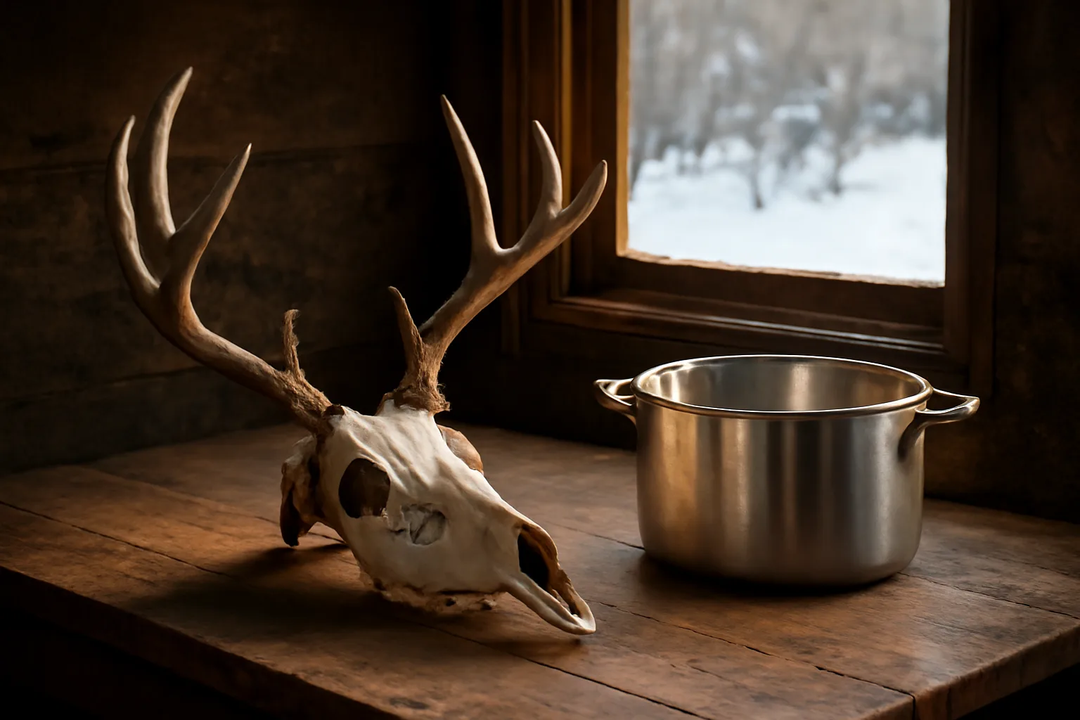 Bare mule deer skull on a workbench in an Idaho garage