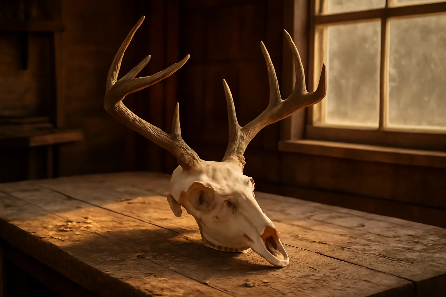 Cleaned white-tailed deer skull with antlers on a cedar workbench in an Alabama workshop