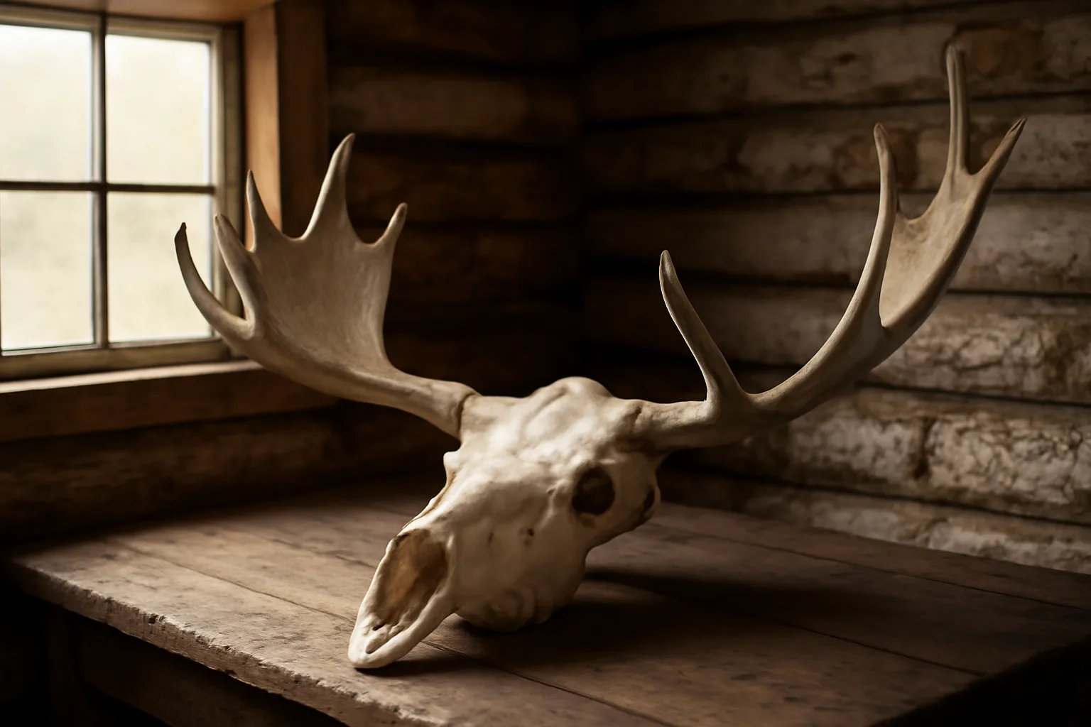 Bleached moose skull on a wood workbench inside an Alaska taxidermy workshop