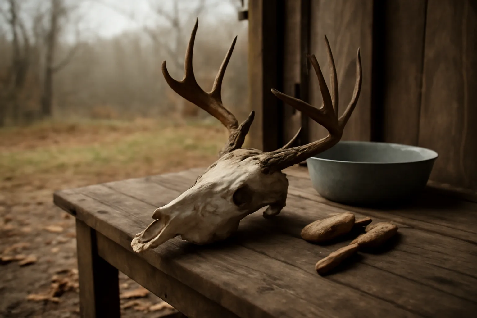 White-tailed deer skull on a cedar bench in an Arkansas shed