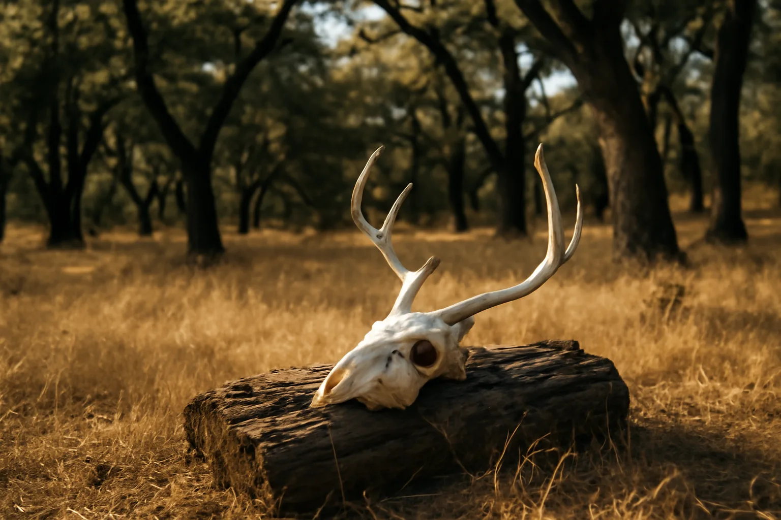 Bleached deer skull with antlers on a log in California oaks