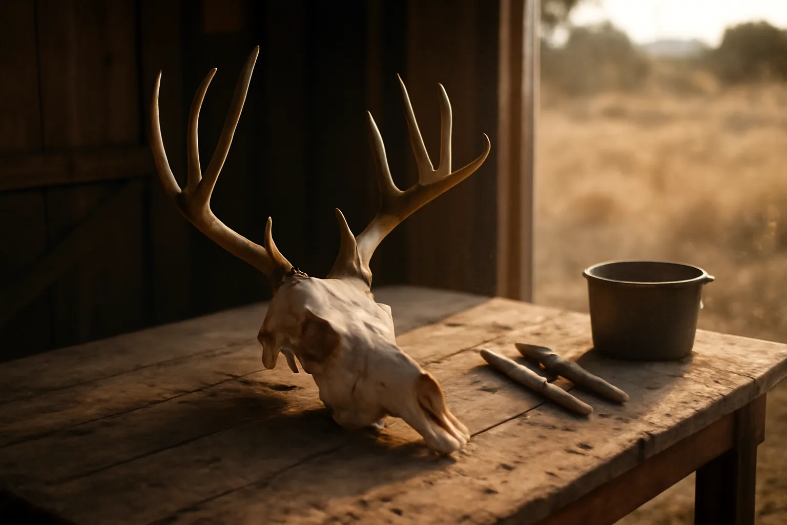 Mule deer european mount skull on a Colorado workbench