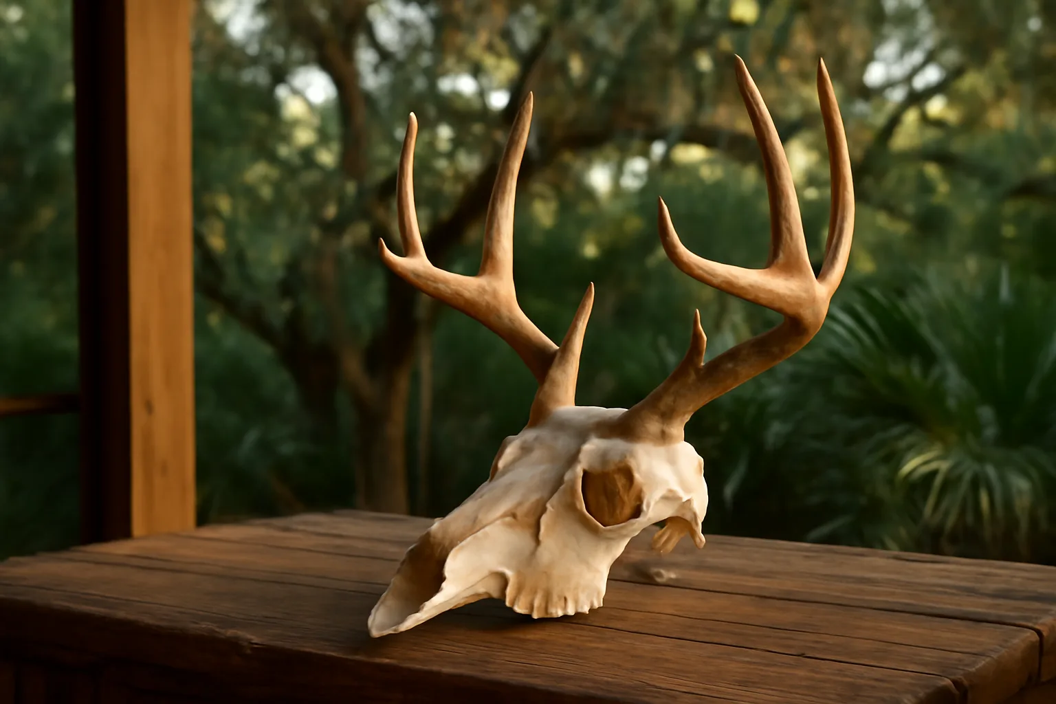 White-tailed deer skull with antlers on a Florida porch table