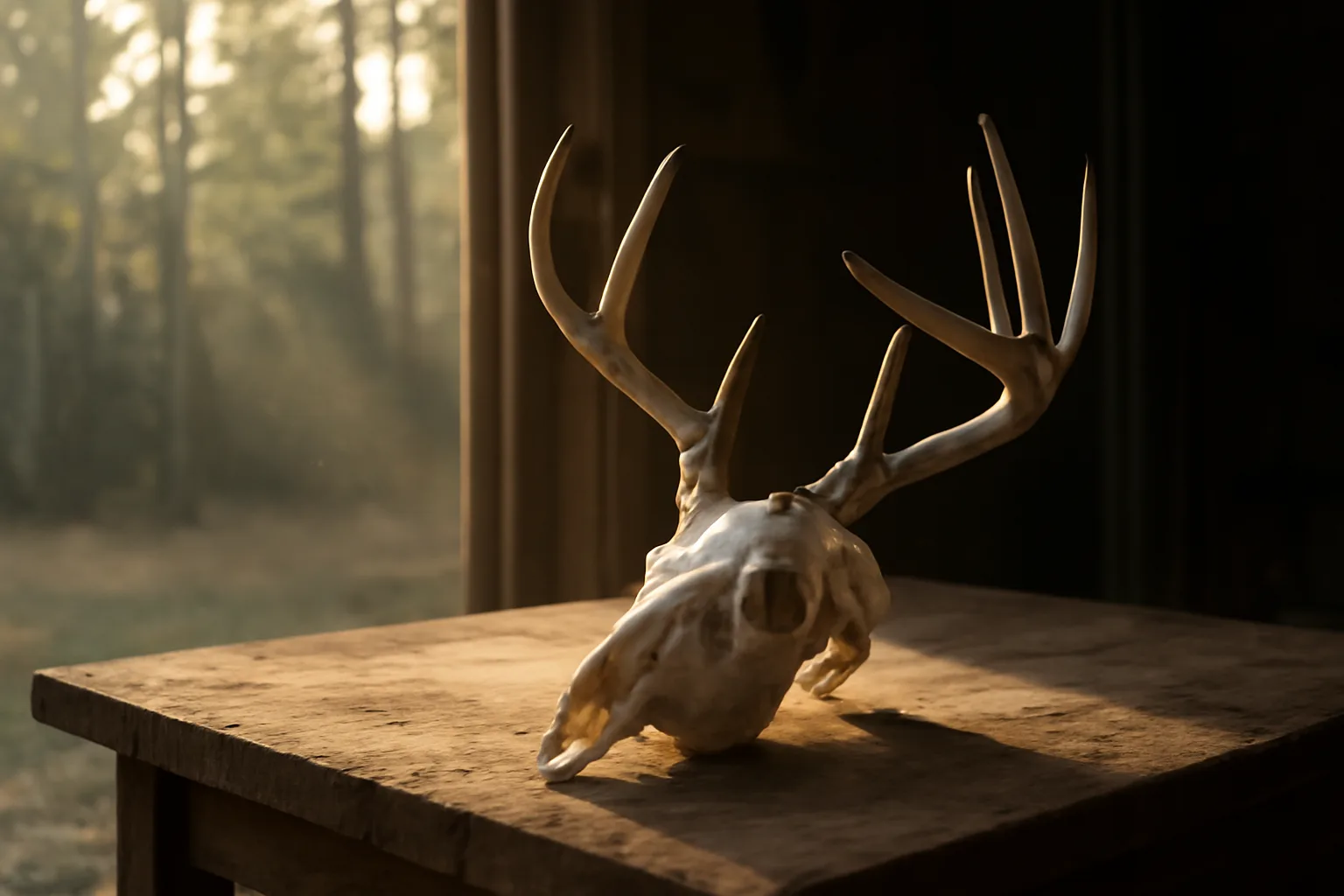 Whitened deer skull with antlers on a Georgia garage workbench