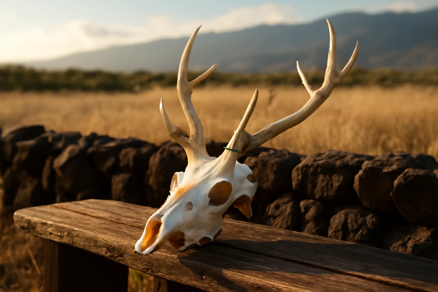 Axis deer european mount skull on a wood bench in Maui light