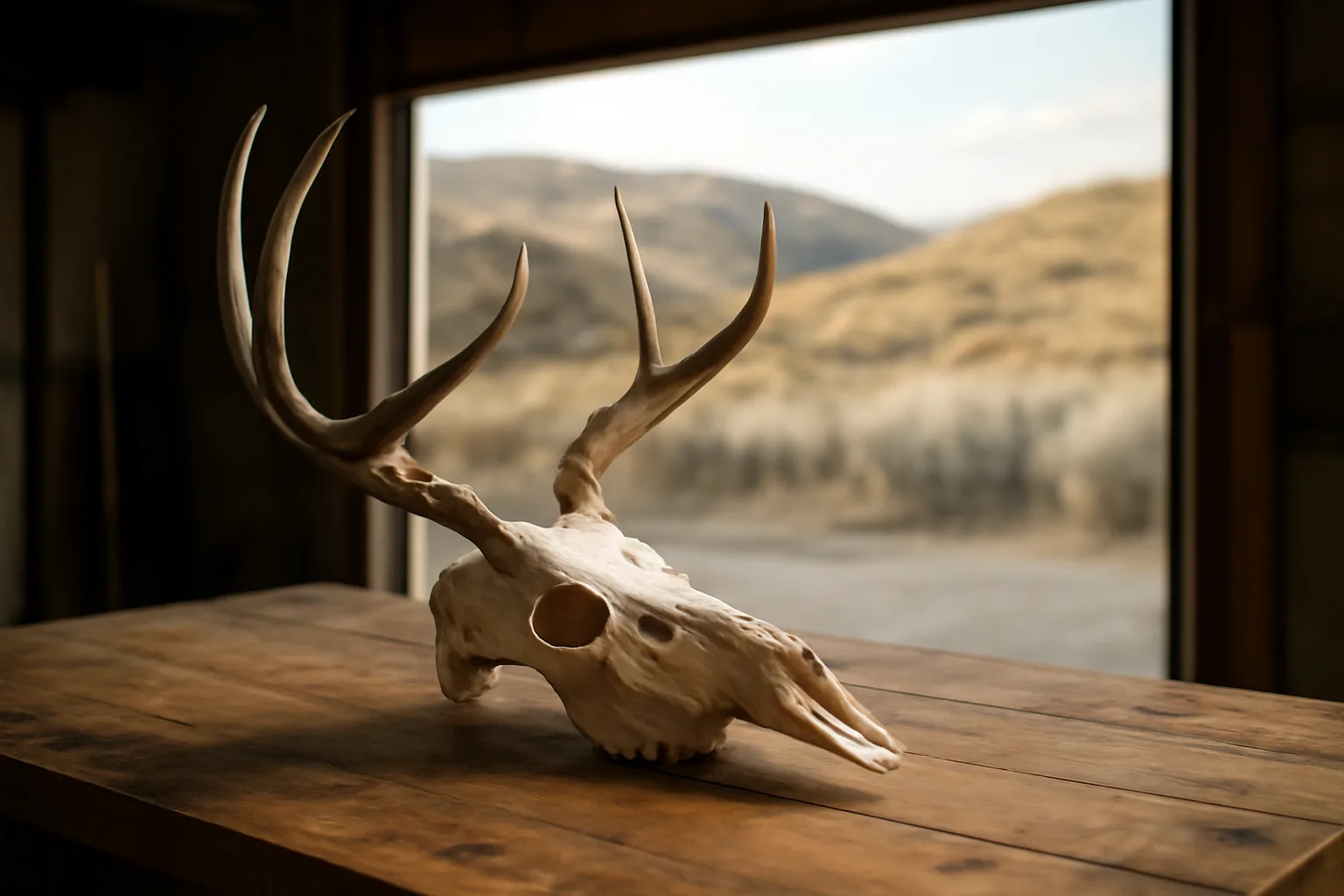 Cleaned mule deer skull on a workbench in an Idaho garage