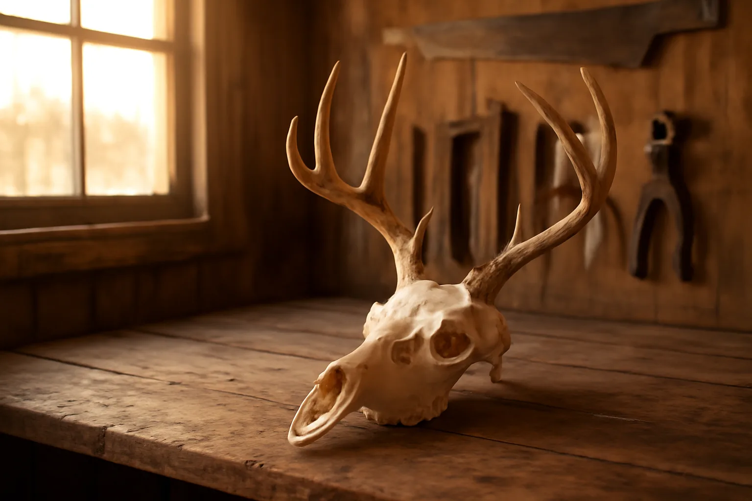 Cleaned white-tailed deer skull on a wooden workbench in an Alabama taxidermist shop