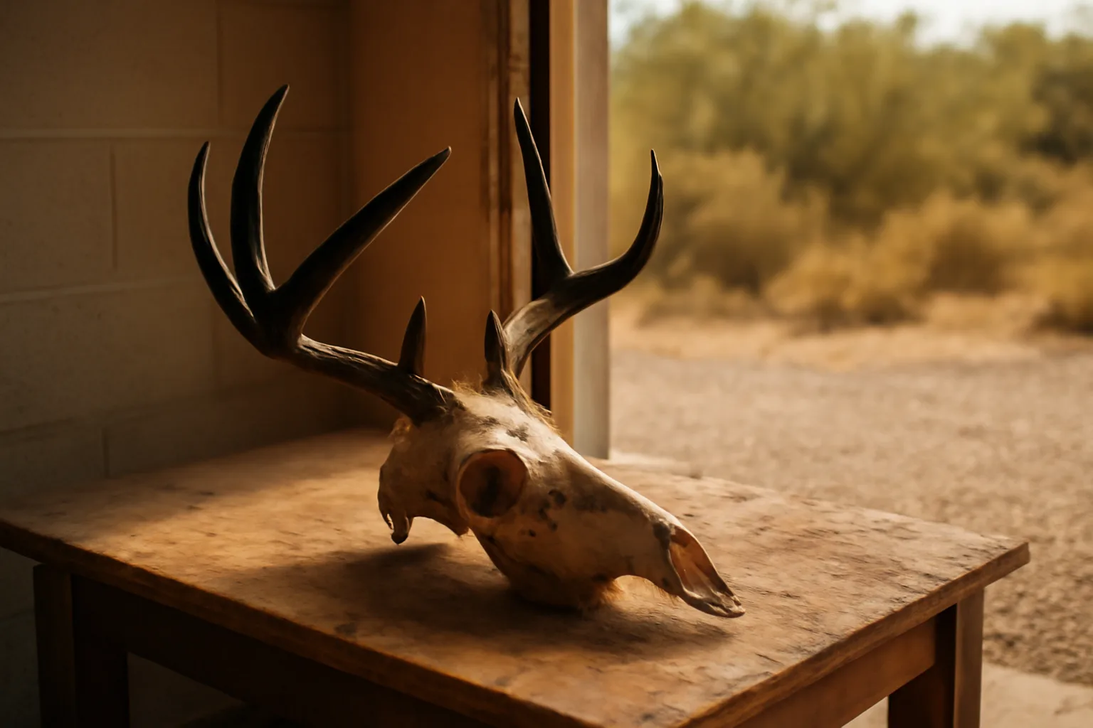 Mule deer european mount skull on a Tucson workbench in sun