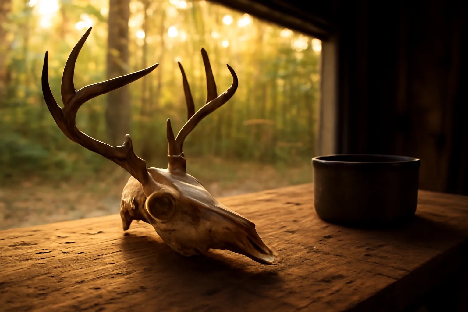 Whitened deer skull on a workbench in an Arkansas garage