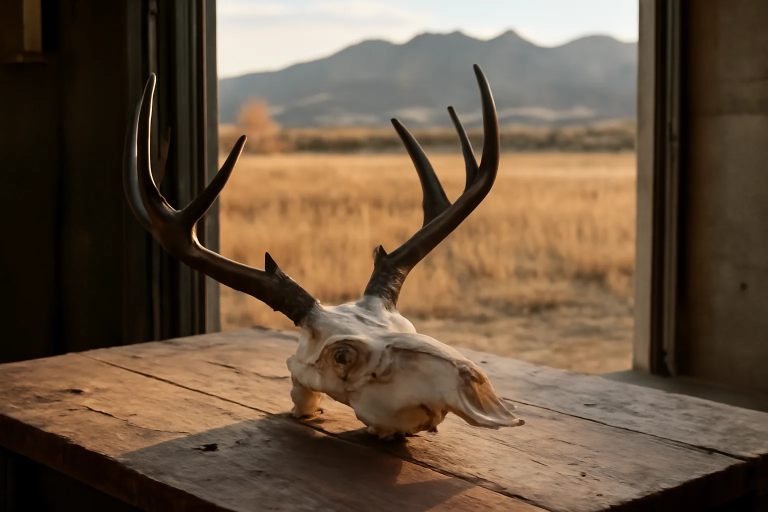 White mule deer European mount on a bench in Colorado foothills light