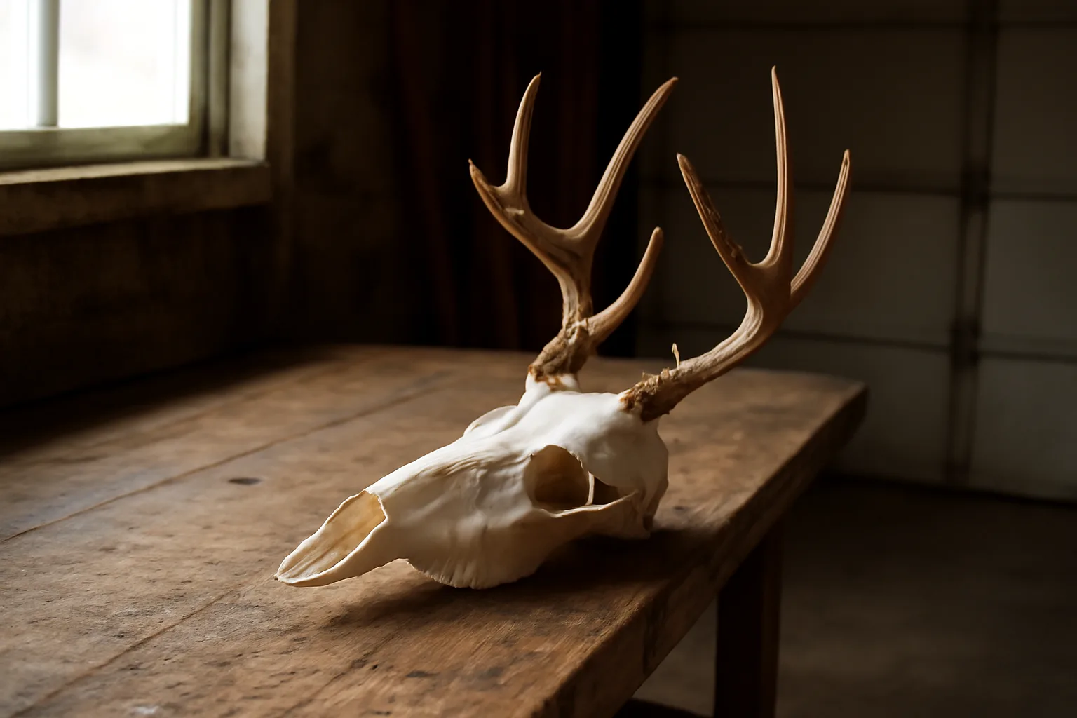 Cleaned deer skull on a Connecticut garage bench in winter light