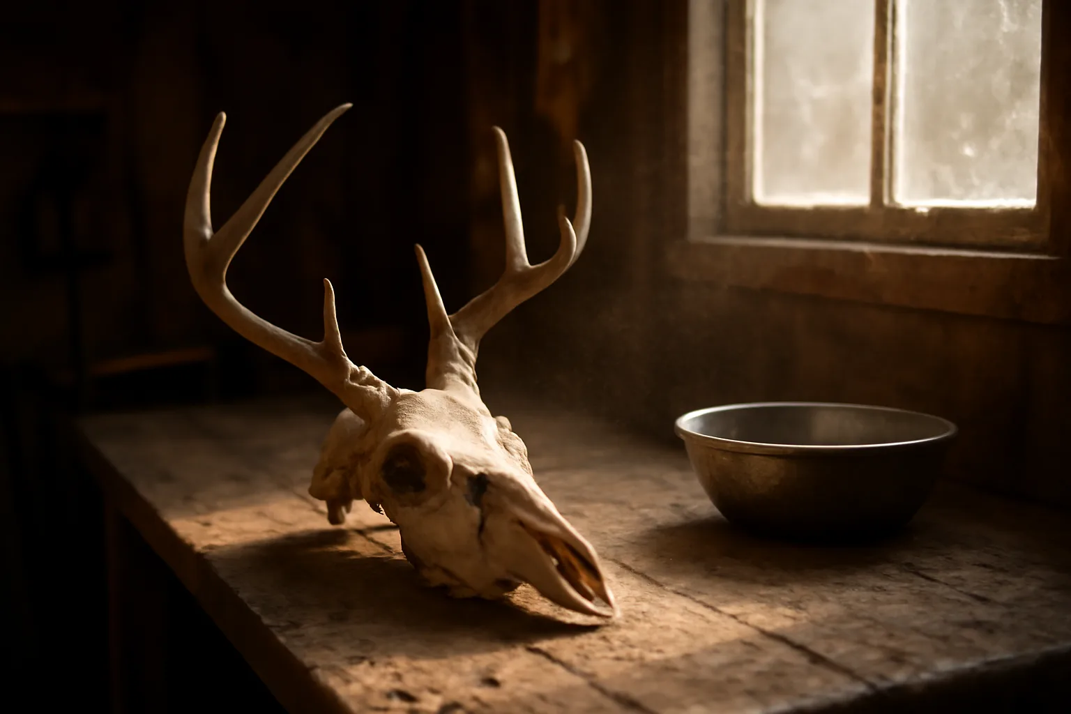 Whitened deer skull on a workbench for a Delaware European mount