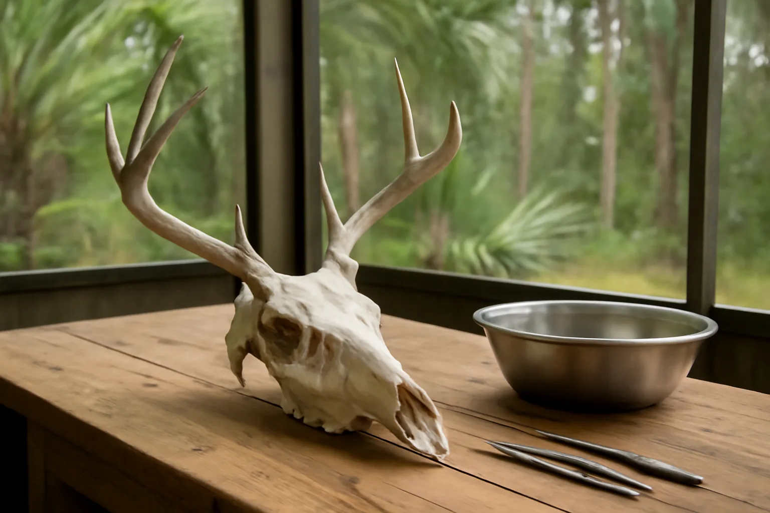 Whitened deer skull on a Florida garage bench for european mount work