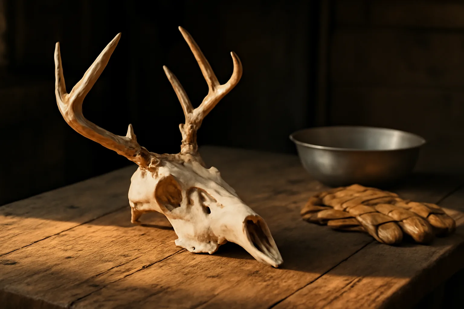 Deer skull european mount on a Georgia garage workbench