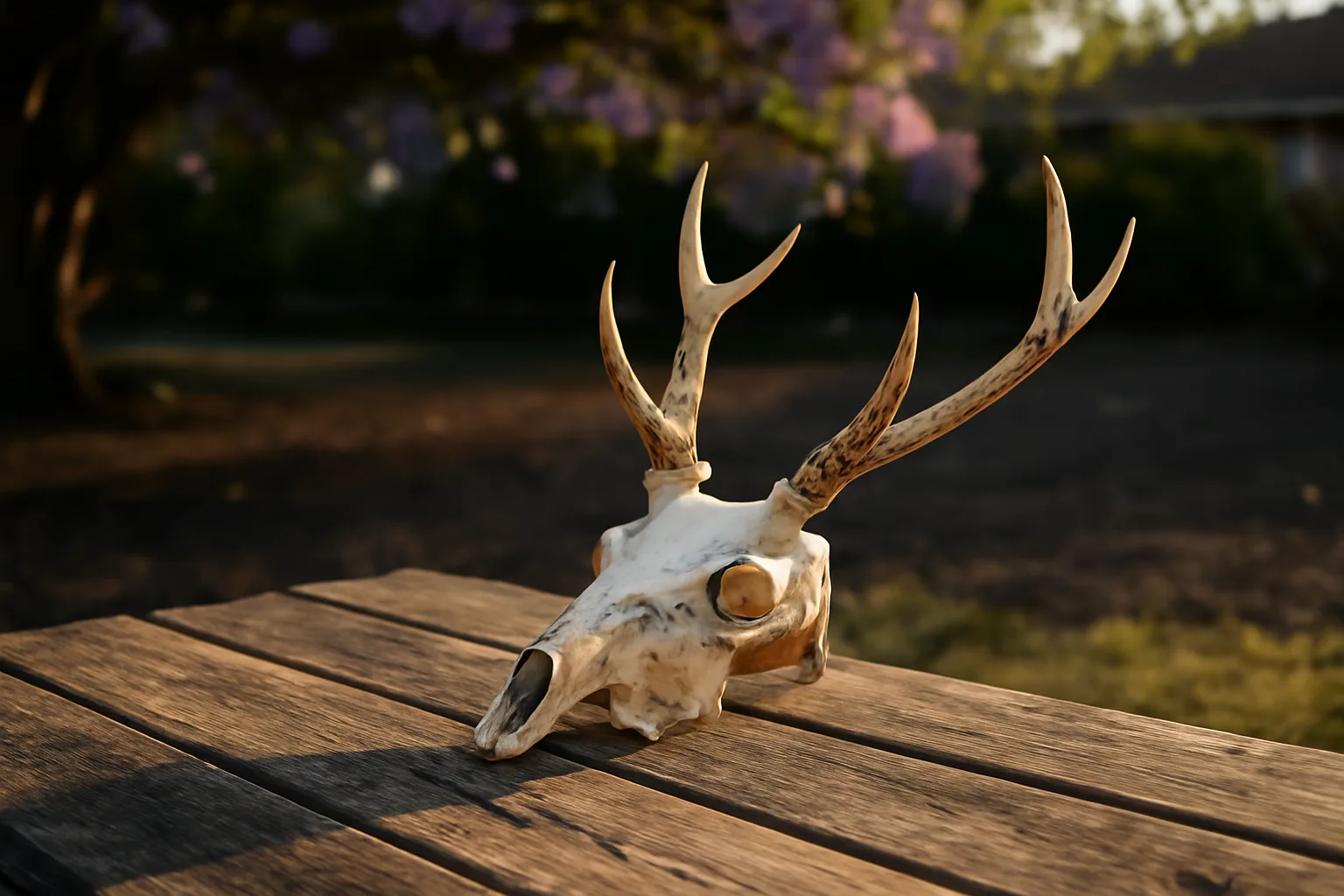 Axis deer european mount skull on a table in upcountry Maui