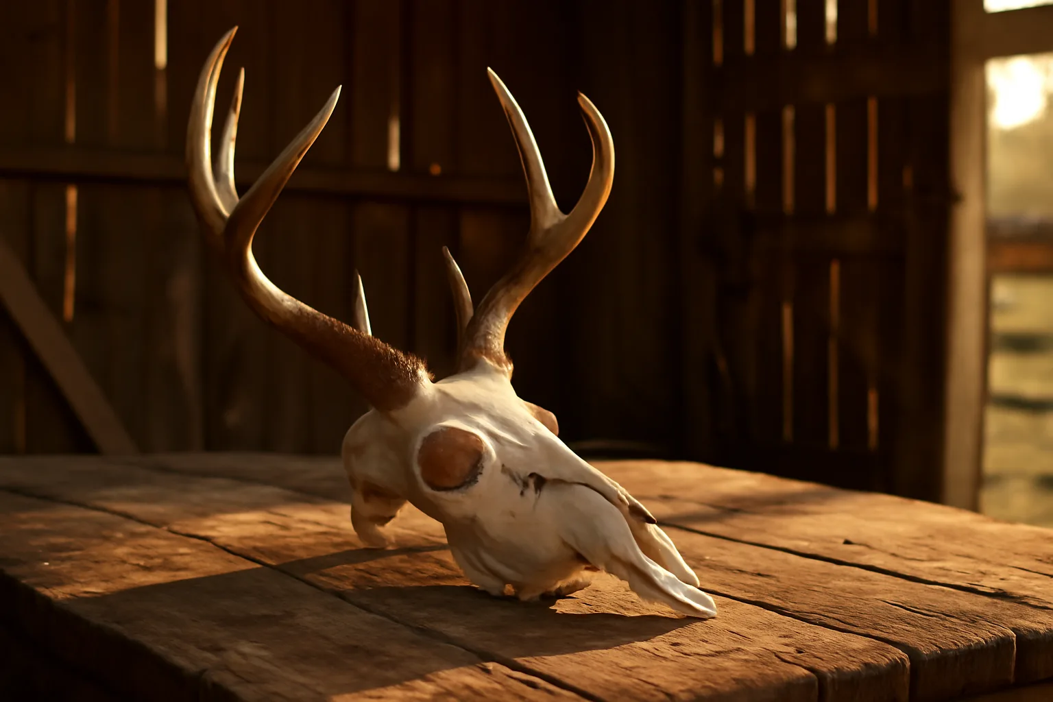 Finished whitetail european mount skull with antlers on a wooden workbench