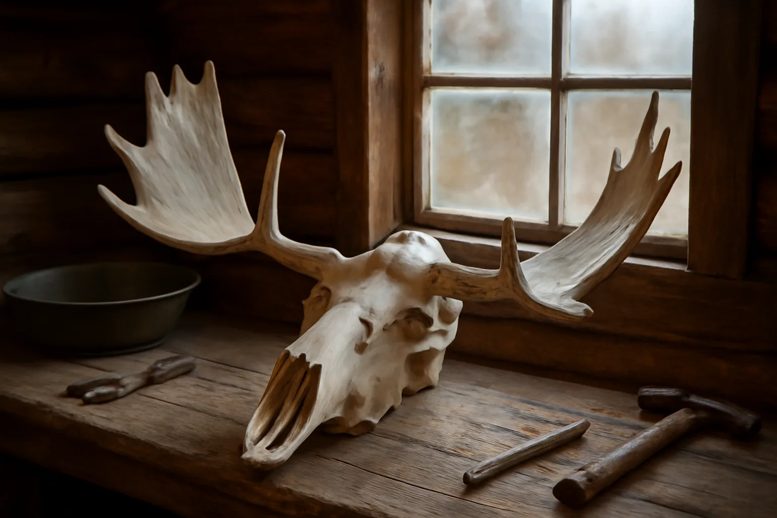 Cleaned moose skull on a workbench inside an Alaskan outbuilding, morning light