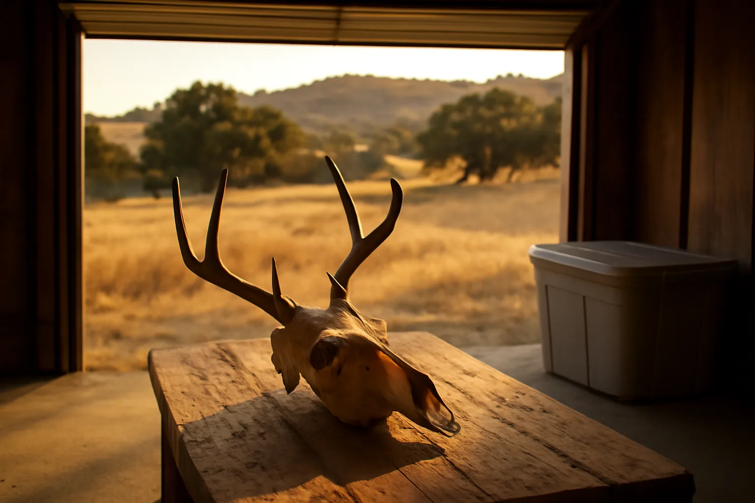 Deer skull and antlers on a workbench in a California garage