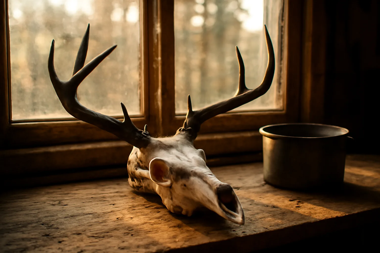 Bleached mule deer european mount skull on a Colorado workbench