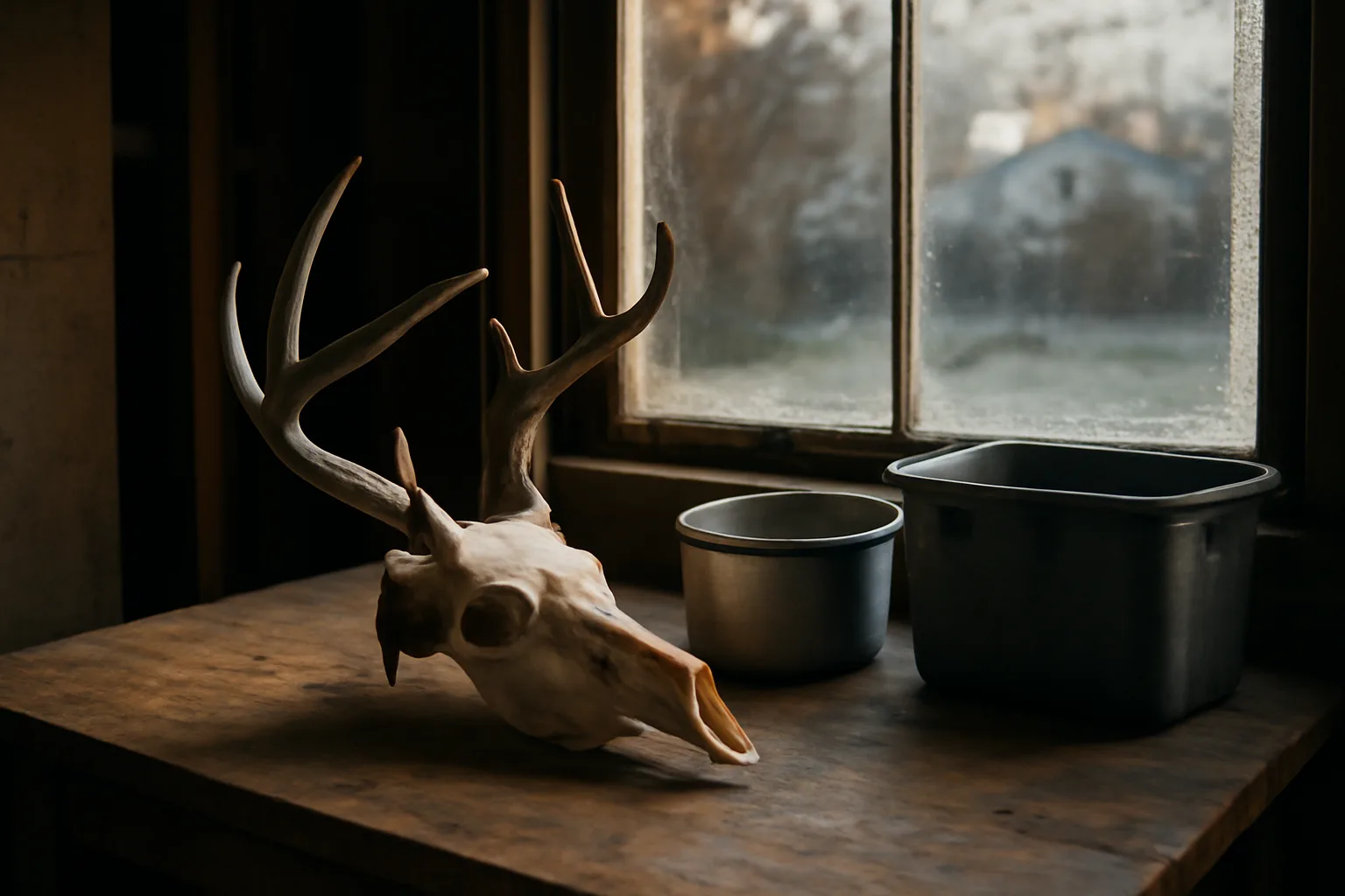 European mount deer skull on a wooden bench in a Connecticut garage