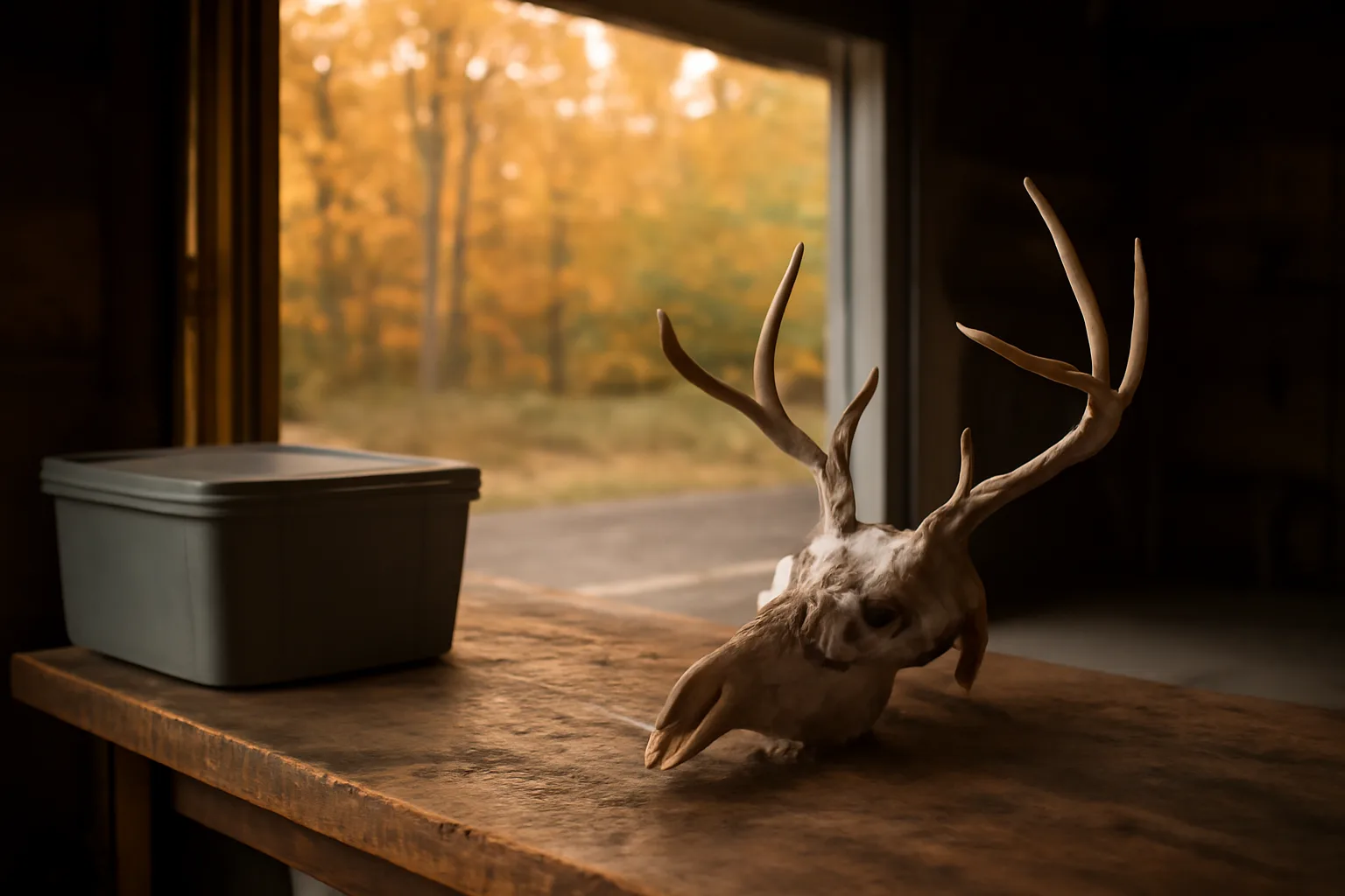 Whitened european mount deer skull on a bench in Delaware