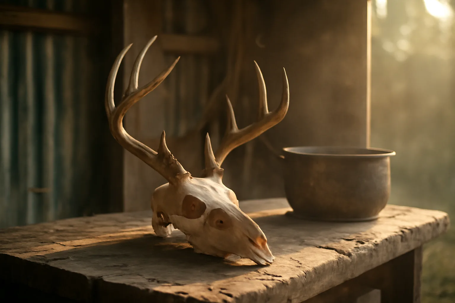 European mount deer skull on a Georgia workshop bench