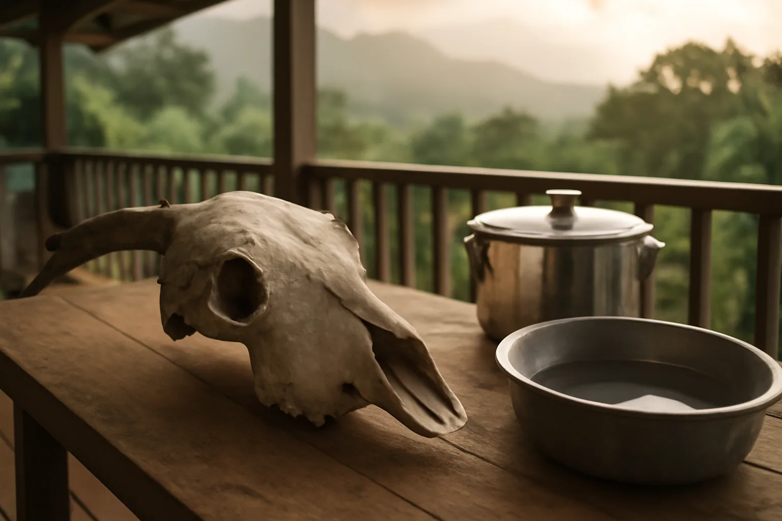 European mount skull drying on a Hilo lanai workbench