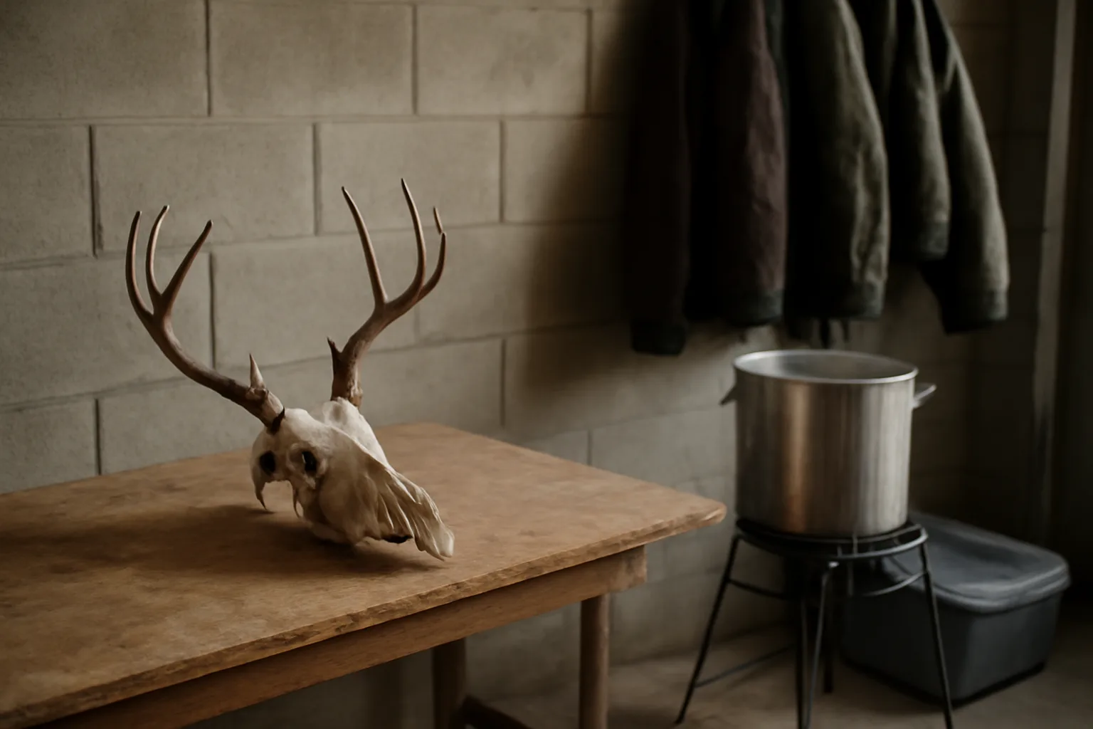 Mule deer european mount skull on a plywood bench in an Idaho garage